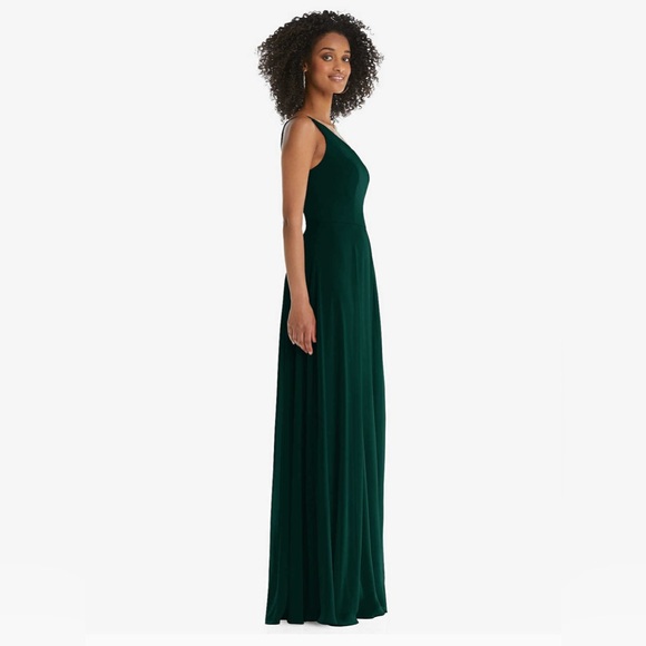 New After Six ONE SHOULDER CHIFFON MAXI DRESS SHIRRED FRONT SLIT IN EVERGREEN 0 - Picture 2 of 3